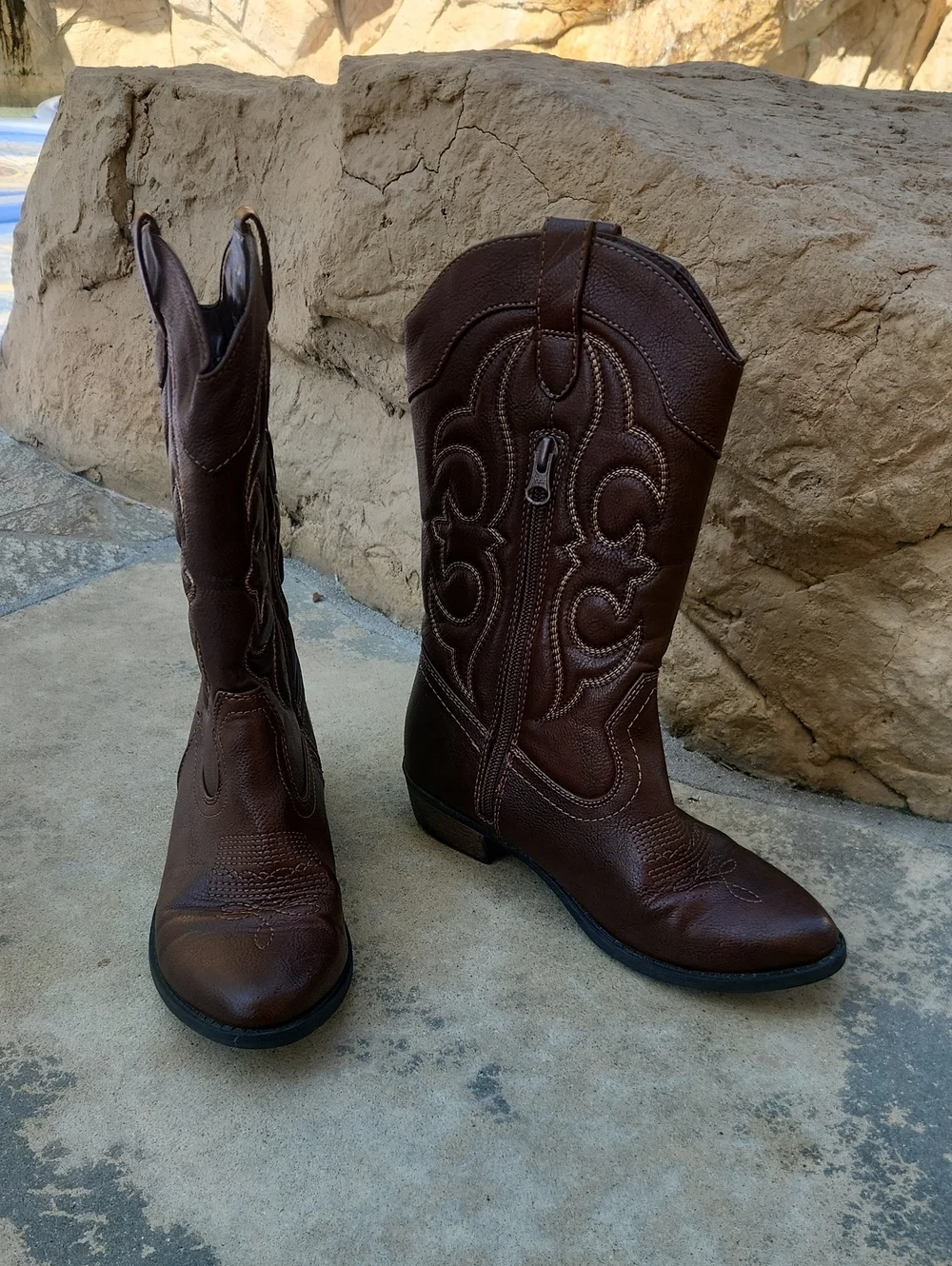 Cat & Jack Brown Western Cowboy Boots Embroidered Zip Side Size 3